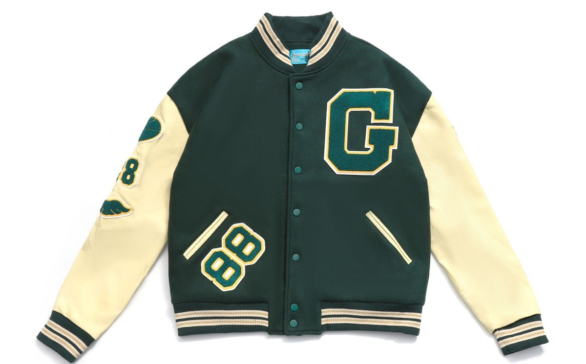 Men's Hip-Hop Furry Sleeve Letter Print Embroidered Baseball Varsity Letterman's Jackets