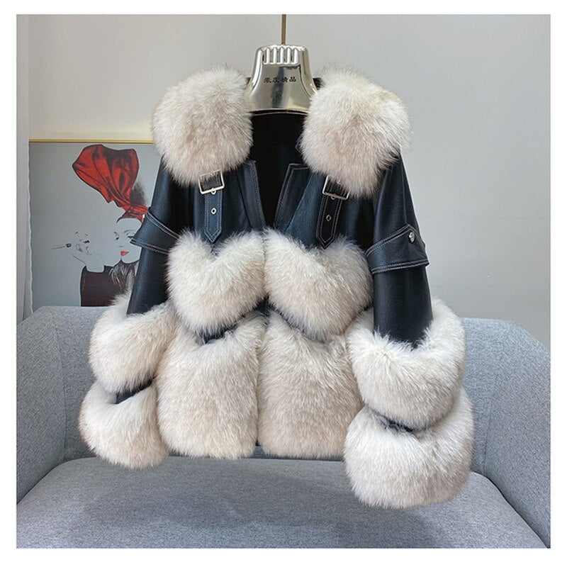 Fox Fur Short Sheepskin w/ Fox Fur Collar Buckle Heart Jacket