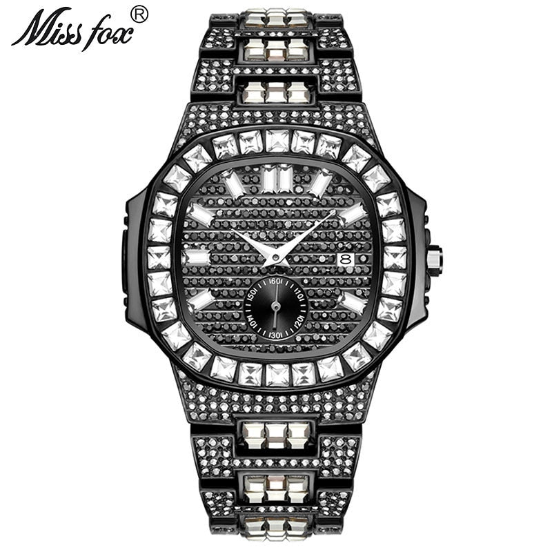 Men's 18K Gold Nano Vaccum Plated Fully Paved Baguette Diamond Waterproof Calendar Watches