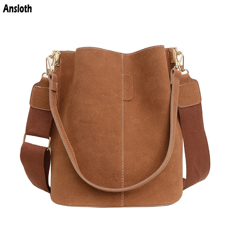 Nubuck Leather Shoulder Crossbody Bucket Bag Purse