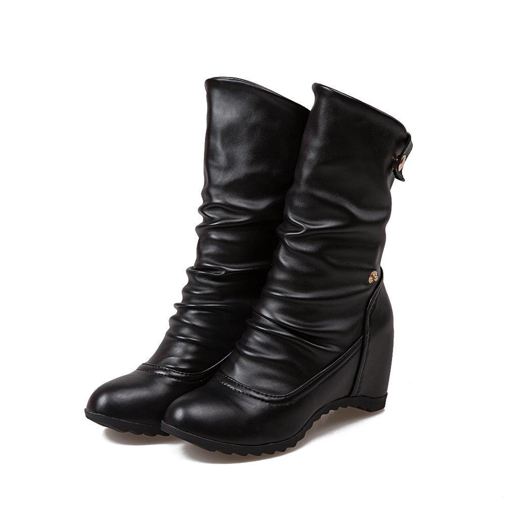 Wedge Plus Size Flat PU Soft Leather Motorcycle Boots