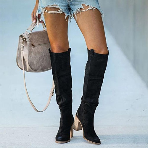 Suede Ladies Solid Pointed Toe Square Heel Knee High Boots