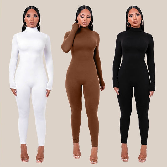 Fitness Ladies Solid Turtleneck Skinny Bodycon Jumpsuit