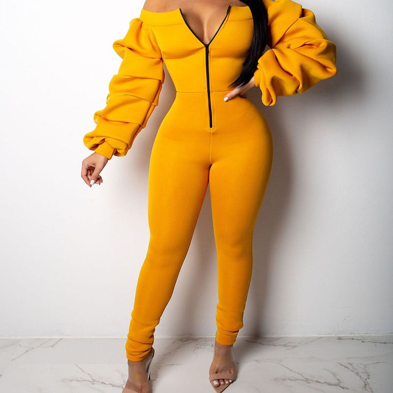 Solid Color Off-the-Shoulder Ruched Puffed Long Sleeve Zipper Front Slash Neck Jumpsuit