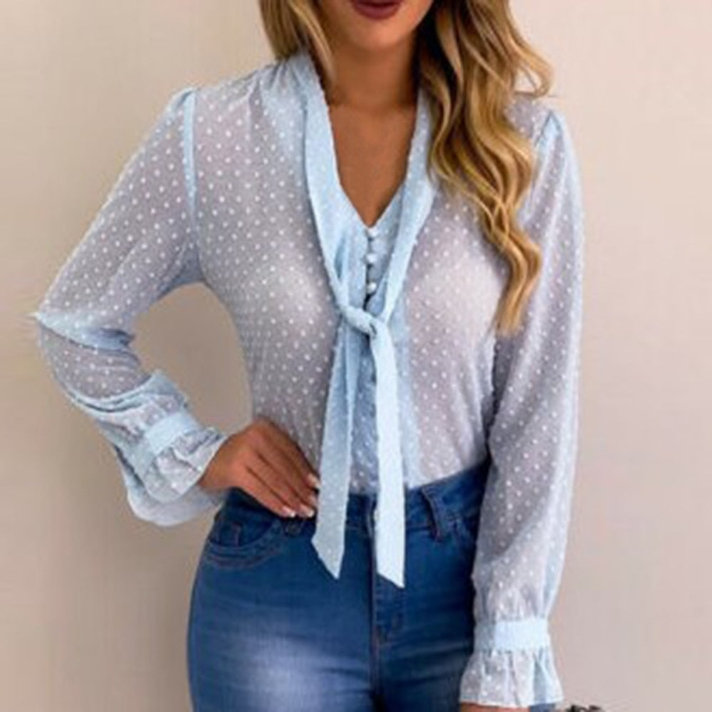 Chiffon Polka Dot Print Bowtie Front Women's Long Sleeve Blouse