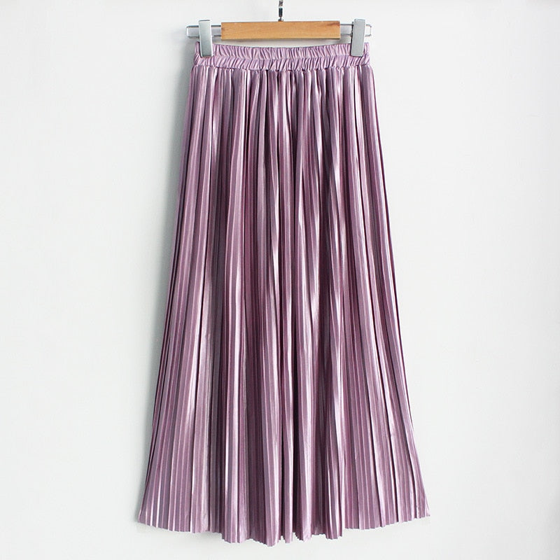 Satin Loose Pleated Solid Color High Waisted Maxi Skirt