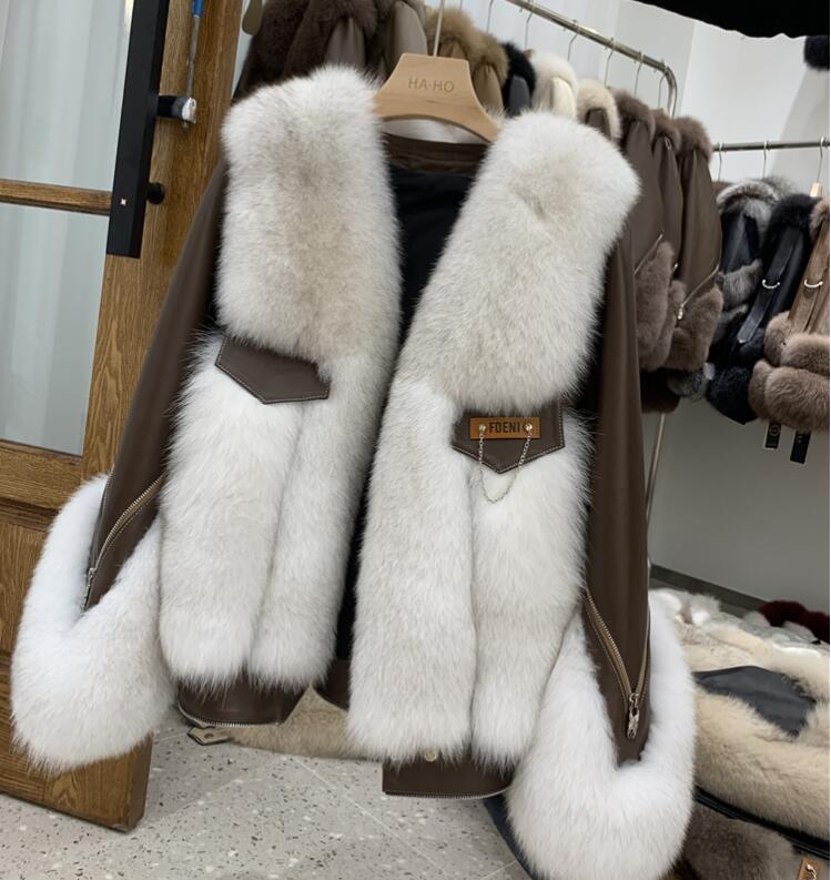 Sheepskin Fox Fur Trim Stitched Ladies Jacket