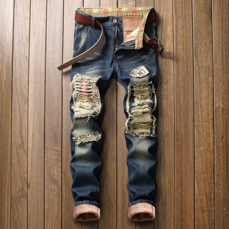 Men's Ripped Fleece Lined Hole Patch Straight Denim Jeans