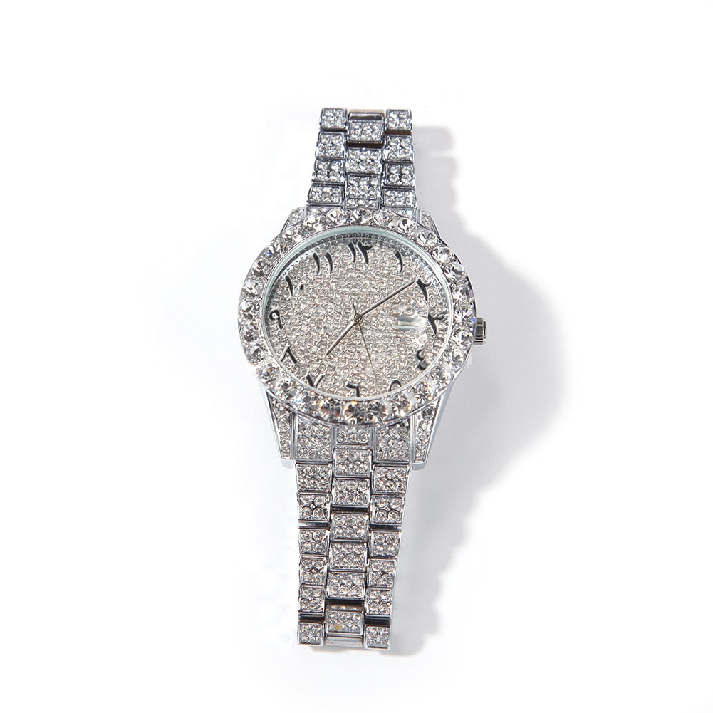 Rhinestone Geometric Hip-Hop Big Dial Full Iced Out Arabic Numerical Stainless Steel Quartz Watch