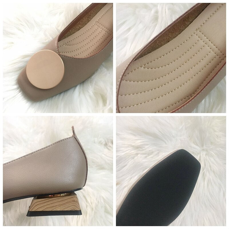 Women's Wooden Heel Ballet Square Toe Shallow Buckle Slip On Loafer Flats