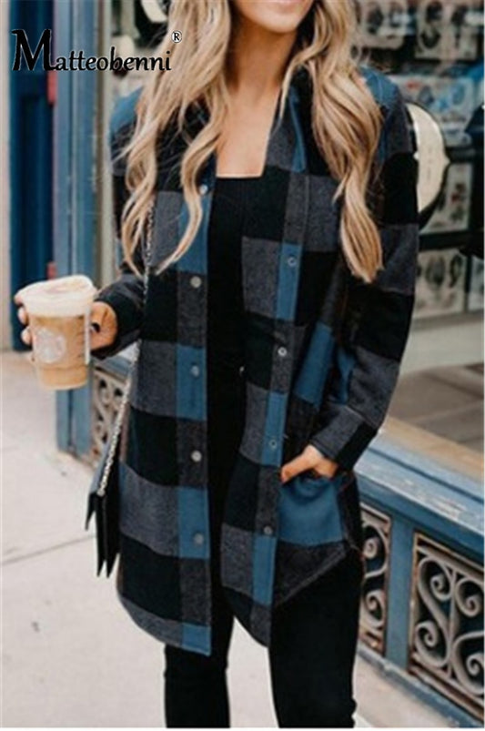 Long Women's Plaid Printed Blouse/Shirts