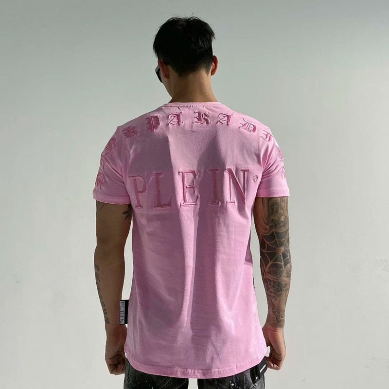 Men's Pink Rhinestone Teddy Bear Plein Embroidered T-Shirt