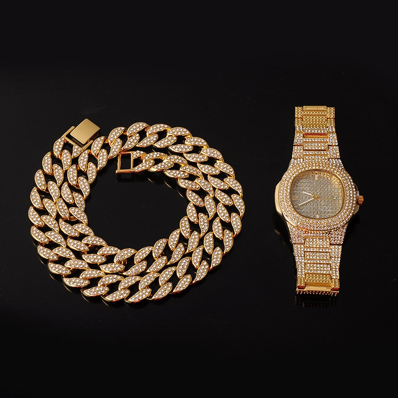 3-Piece Jewelry Hip Hop Gold Iced Out Paved Rhinestones CZ Bling  Sets: Cuban Chain, Watch & Bracelet