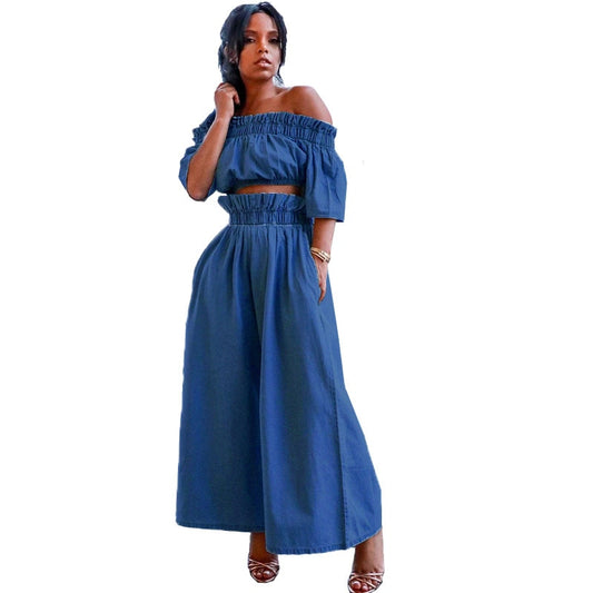 Denim Women's Slash Neck Crop Top & Wide Leg Baggy Pants 2-Piece Set