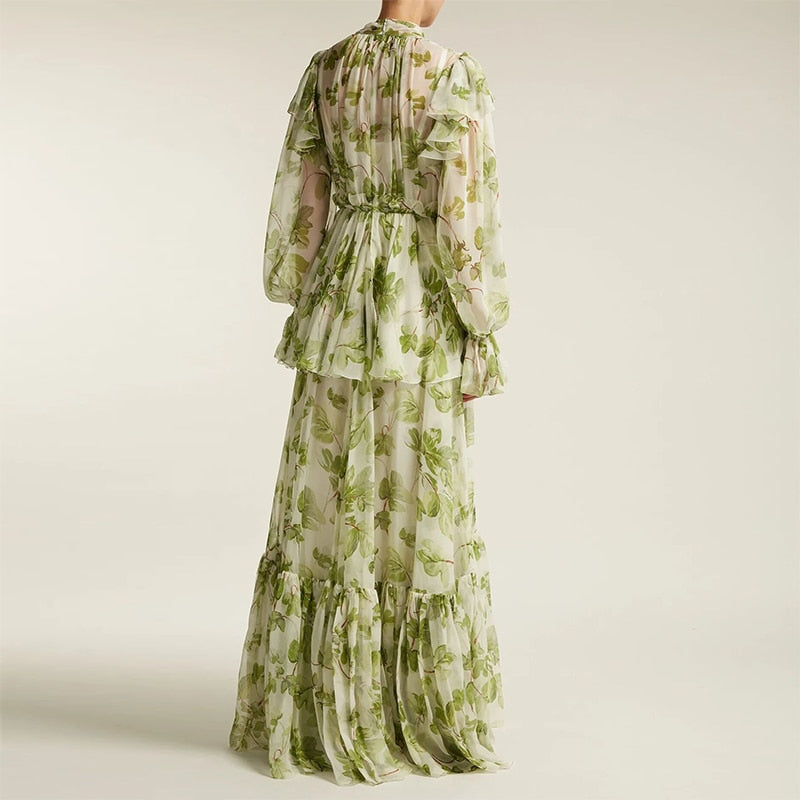 Green Runway Ruffle Flower Print Lantern Sleeve Cascading Maxi Dress