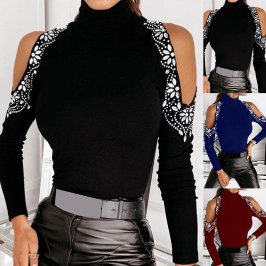 Turtle Neck Cold Shoulder Hot Drill Top