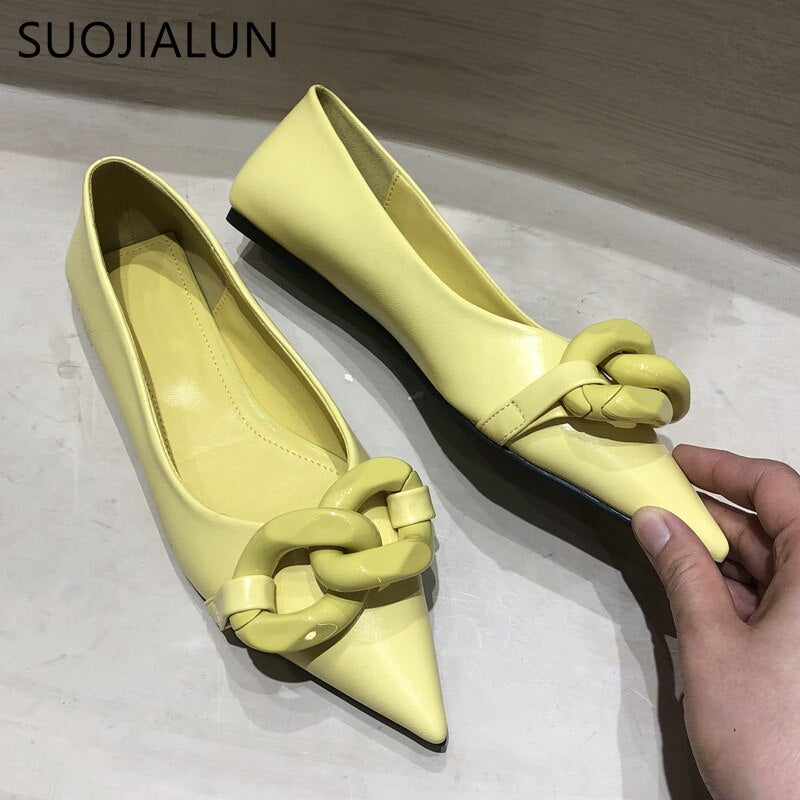 Chain Buckle Pointed Toe Ballet Flats