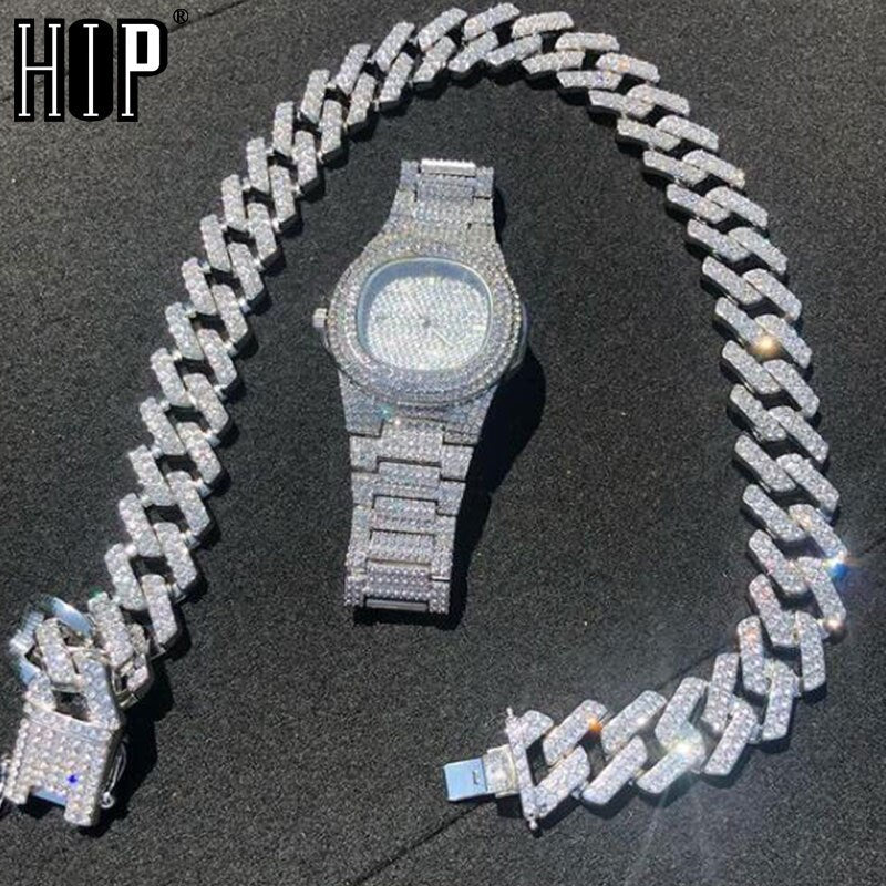 Hip-Hop Iced Rhinestone Prong Cuban Chain CZ Bling Chain + Bracelet + Watch 2-Piece & 3-Piece Jewelry Sets