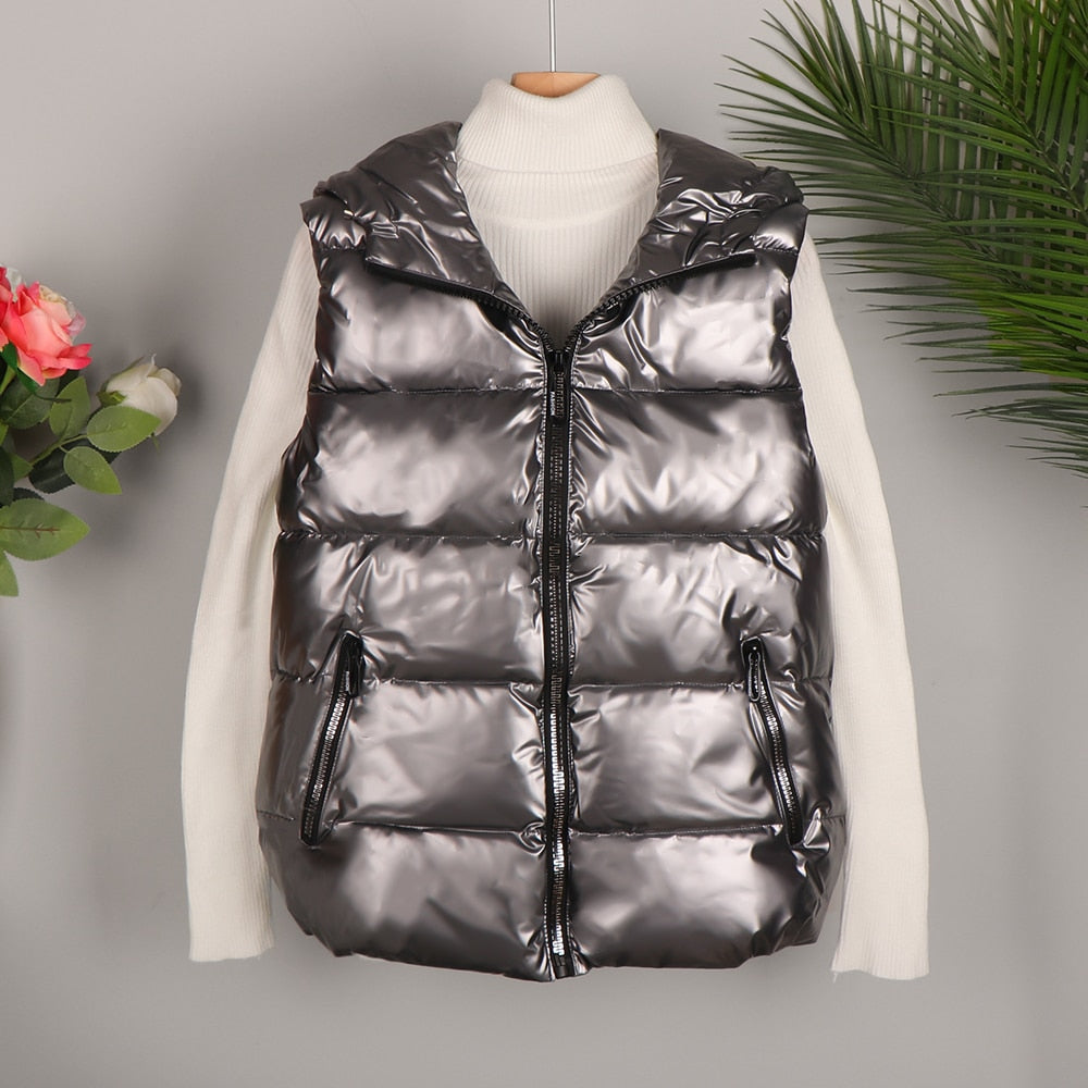 Hooded Ladies Padded Sleeveless Shiny Puffer Vests