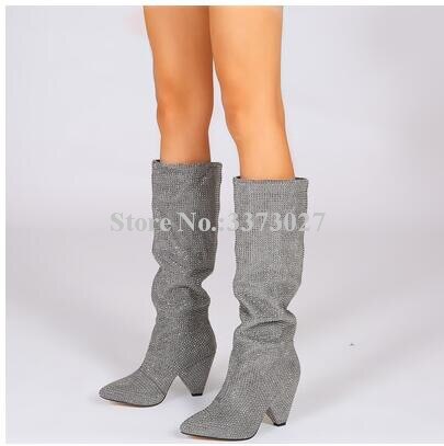 Bling Glitter Rhinestone Spike Heel Crystal Knee High Boots