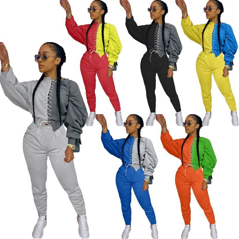 Lantern Sleeve Colorblock Crop Sweatshirt + Sweatpants Ladies Sweatsuit