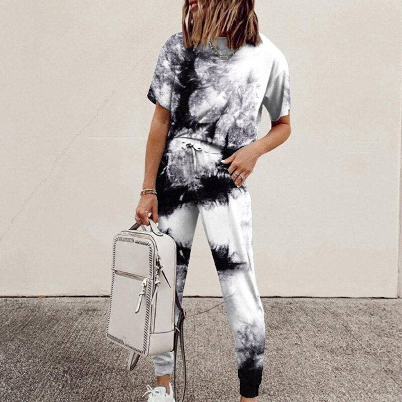 Women's Tie-Dye Print 2-Piece Short-Sleeved Round Neck Top + Drawstring Leggings Set