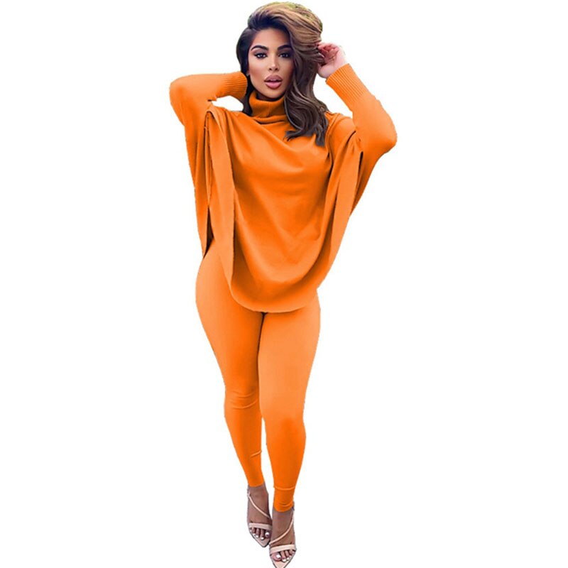 Batwing Long Sleeve Oversize Turtleneck Top & Bodycon Pant 2-Piece Set to 3X Plus