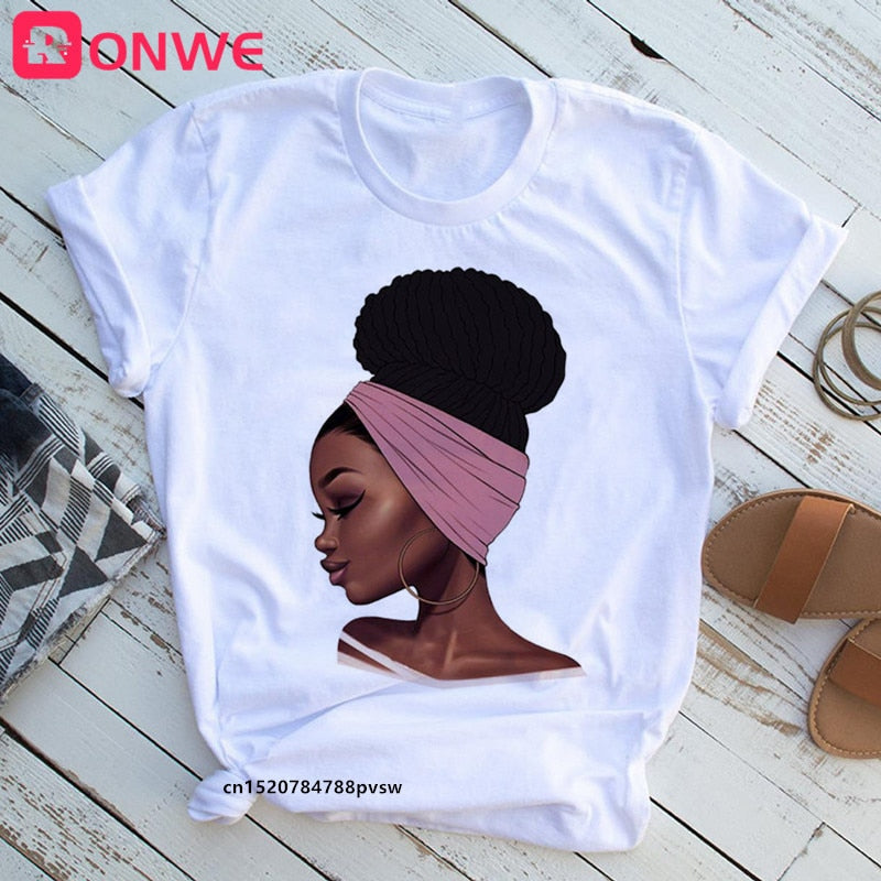 Women's African White T-Shirt Girl Black Queen Lip T-Shirt