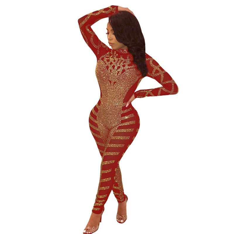 Rhinestone Sparkly Turtleneck Long Sleeve Mesh Sheer Jumpsuit