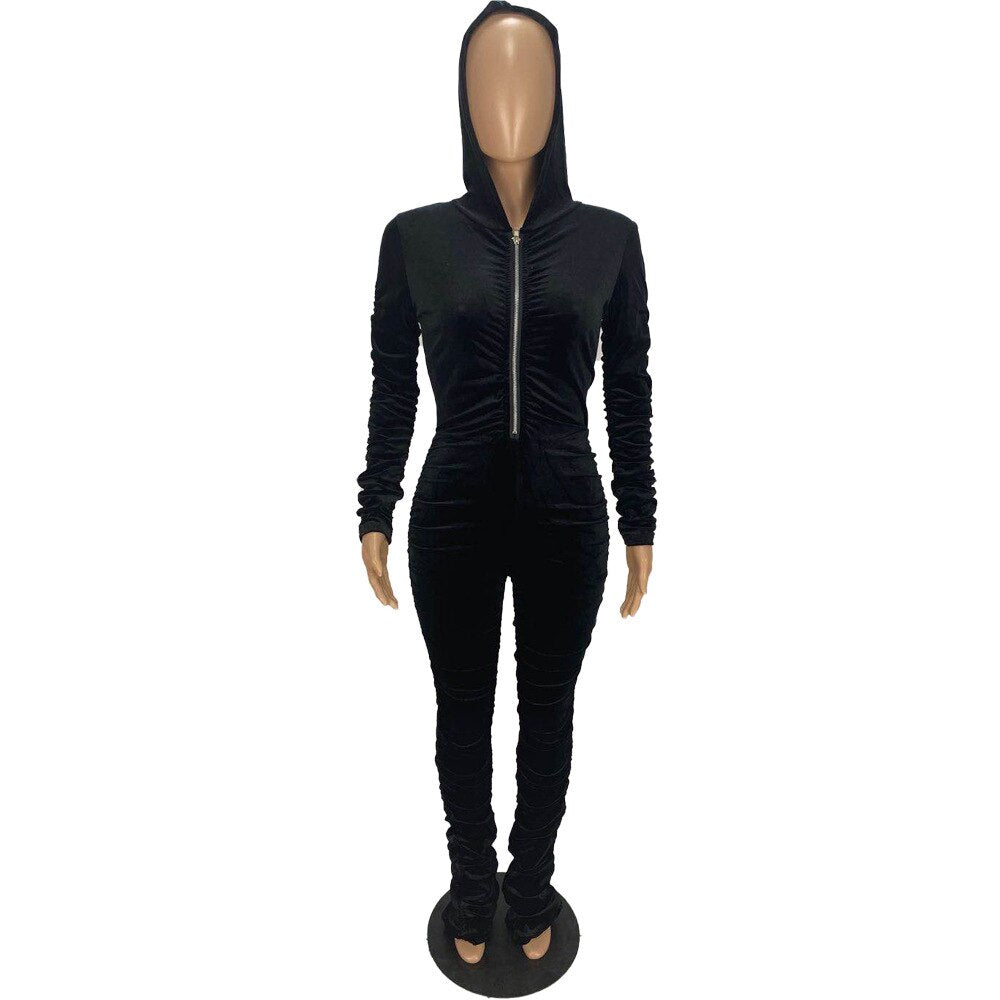 Velvet Hooded Solid Ruched Zipper Long Sleeve Jumpsuit