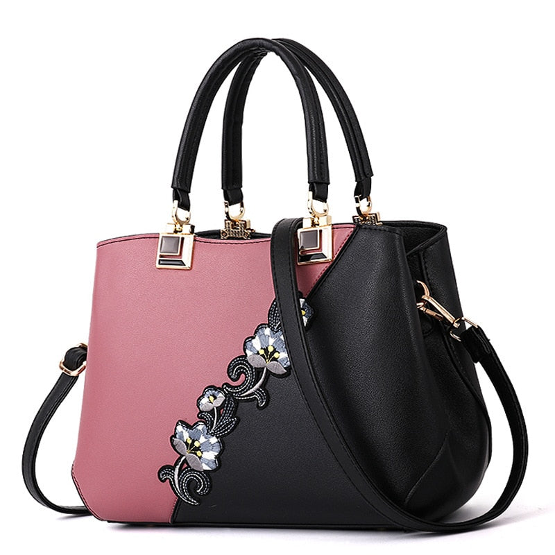 Colorblock Embroidered Messenger Leather Handbag