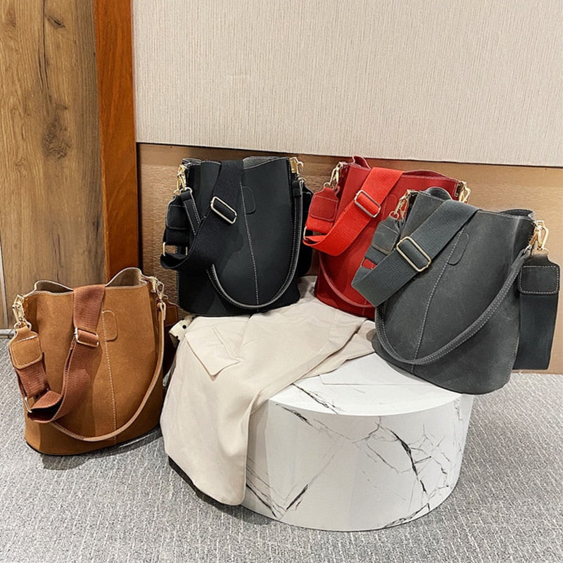 Nubuck Leather Shoulder Crossbody Bucket Bag Purse