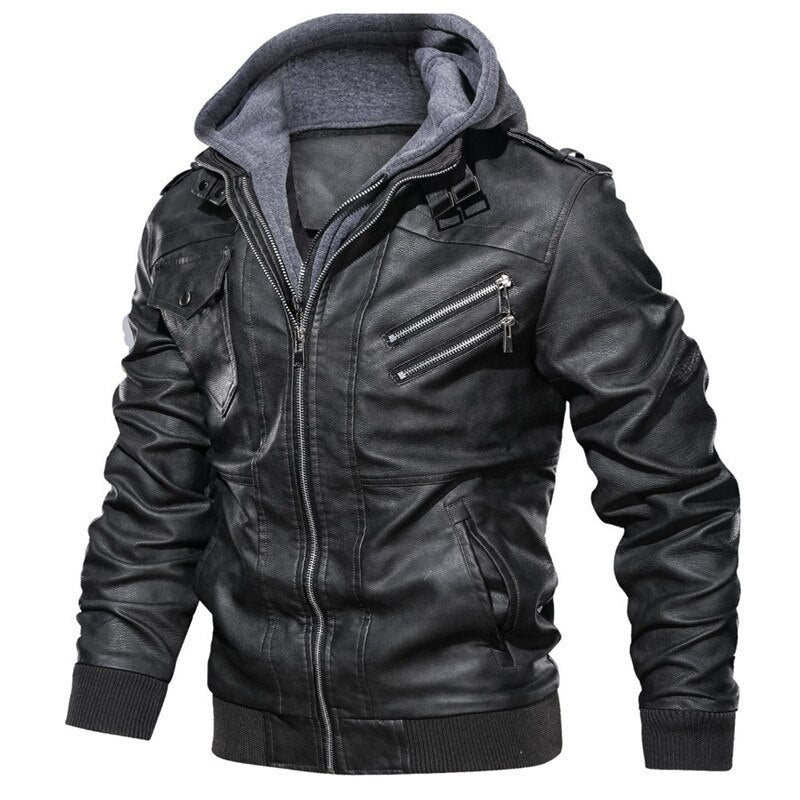 Men's Leather Hooded Motorcycle PU Jacket