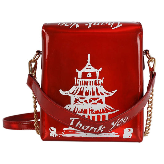 Chinese Takeout Box PU Leather Bucket Crossbody Purse