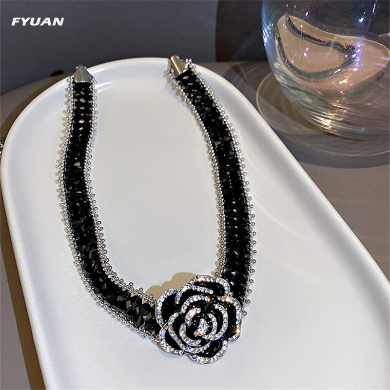 Handmade Black Silver Rose Crystal Choker