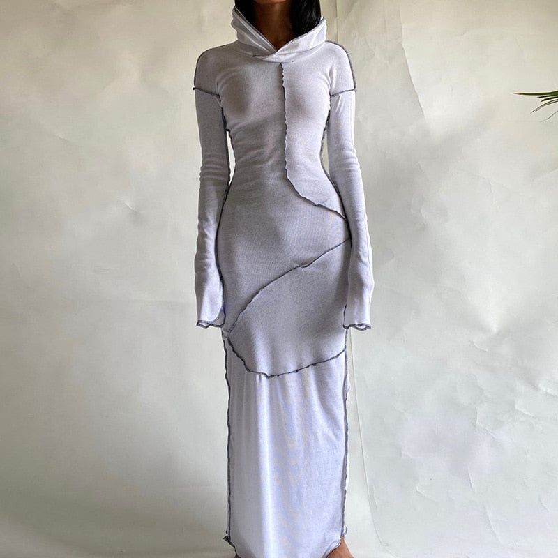 Long Sleeve Hooded Patchwork Maxi Dress