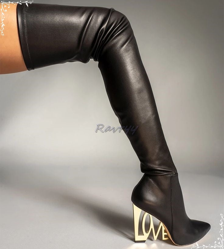 Genuine Leather Black Gold Plated LOVE Wedge Heel Thigh High Pointed Toe Over-the-Knee Boots