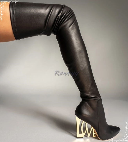 Genuine Leather Black Gold Plated LOVE Wedge Heel Thigh High Pointed Toe Over-the-Knee Boots