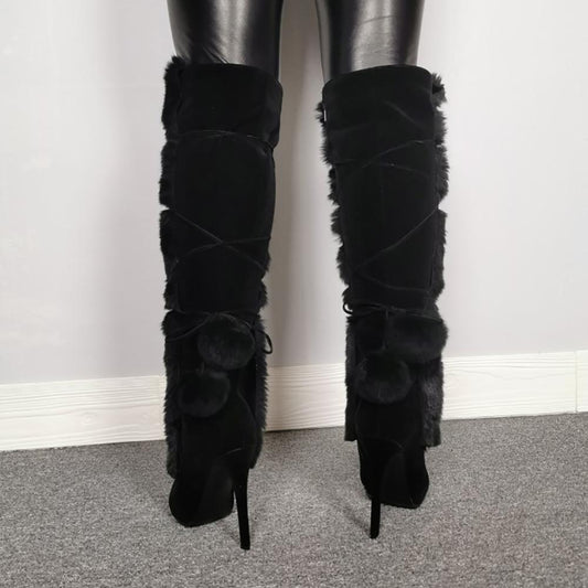 Faux Fur Handmade Ladies Knee High Heel Boots