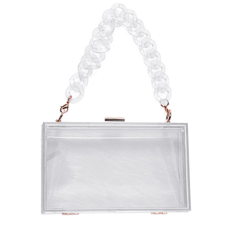 Clear Acrylic Box Clutch Transparent Shoulder Bag w/ Detachable Chain