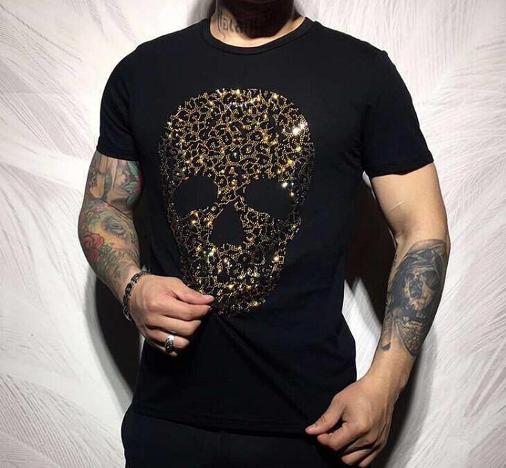 Men's Diamond Rhinestone Skull Head O-Neck Short Sleeve T-Shirt