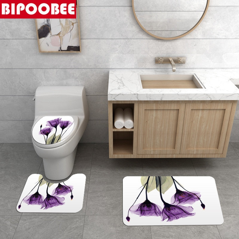 Tulip Lotus Flowers Trees Shower Curtain Sets Non-Slip Rugs Toilet Lid Cover and Bath Mat Waterproof Shower Curtain