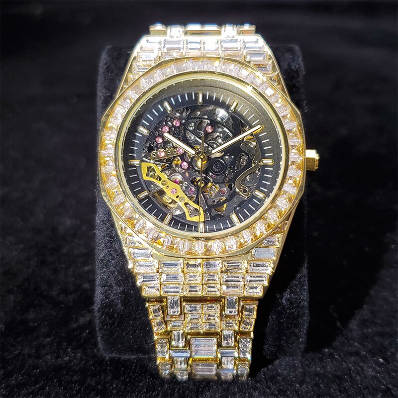 Men's Hip Hop Full Diamond Skeleton Mechanicl Iced Out Waterproof Watch