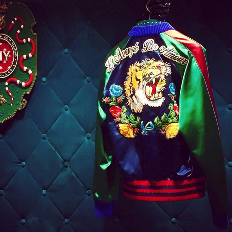 Vintage Ladies Tiger Head Embroidered Bomber Jacket