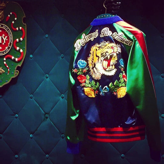 Vintage Ladies Tiger Head Embroidered Bomber Jacket