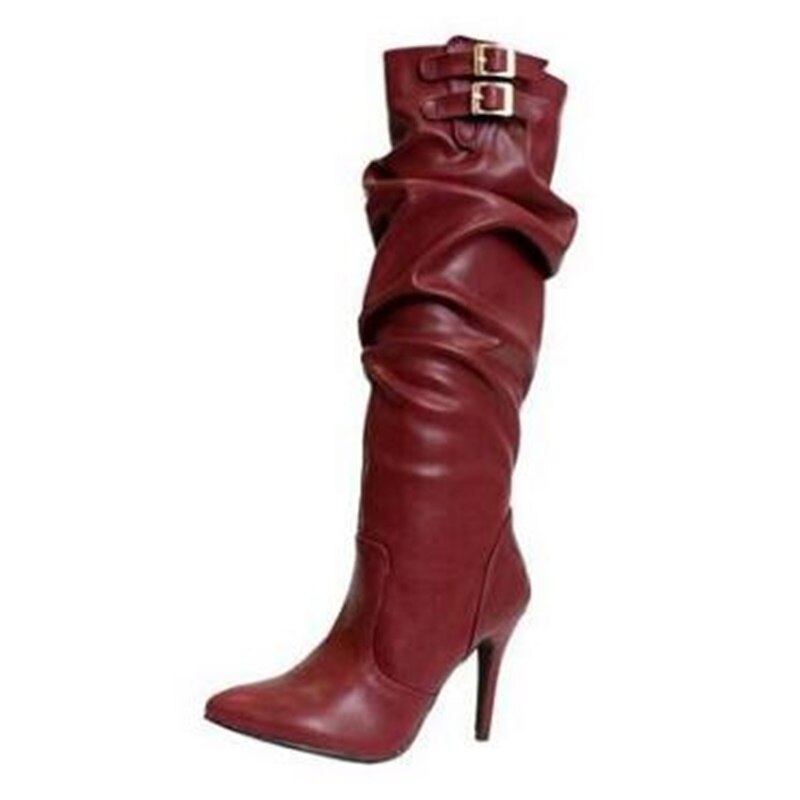 Ruched Leather Buckle Pointed Toe High Heels Knee High Zipper Boots