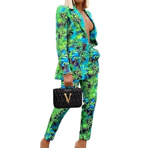 Multi-Colored Floral/ Leaf Print Single Breasted Women's Blazer & Matching Pants 2-Piece Suit