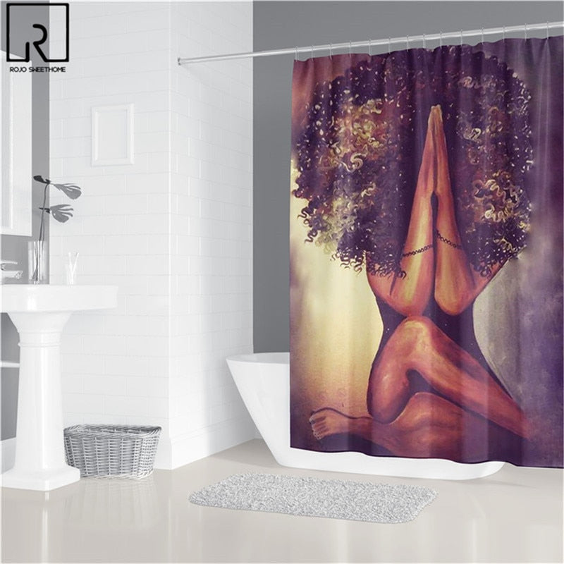 Black Woman Printed Shower Curtain w/ 12 Hooks Bathroom Bath Mat Set Toilet Cover 1/3/4 PCS