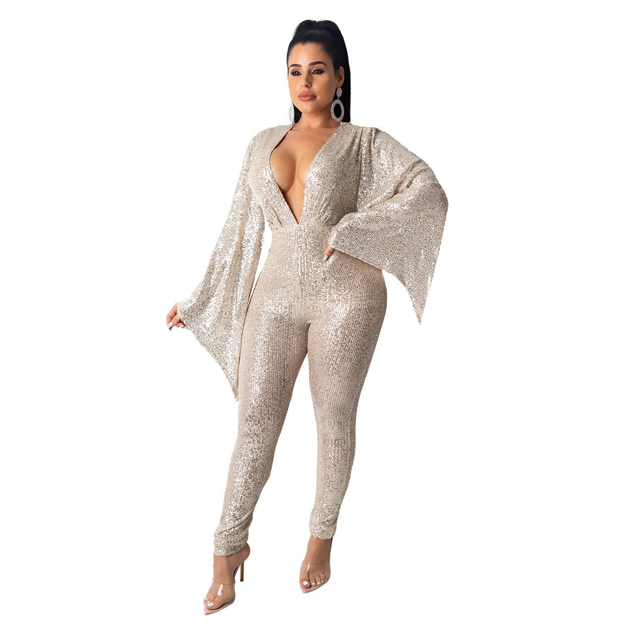 Sequin Glitter O-Neck Women's Sleeveless/Long Sleeve Bandage Jumpsuit w/ Belt to 5X