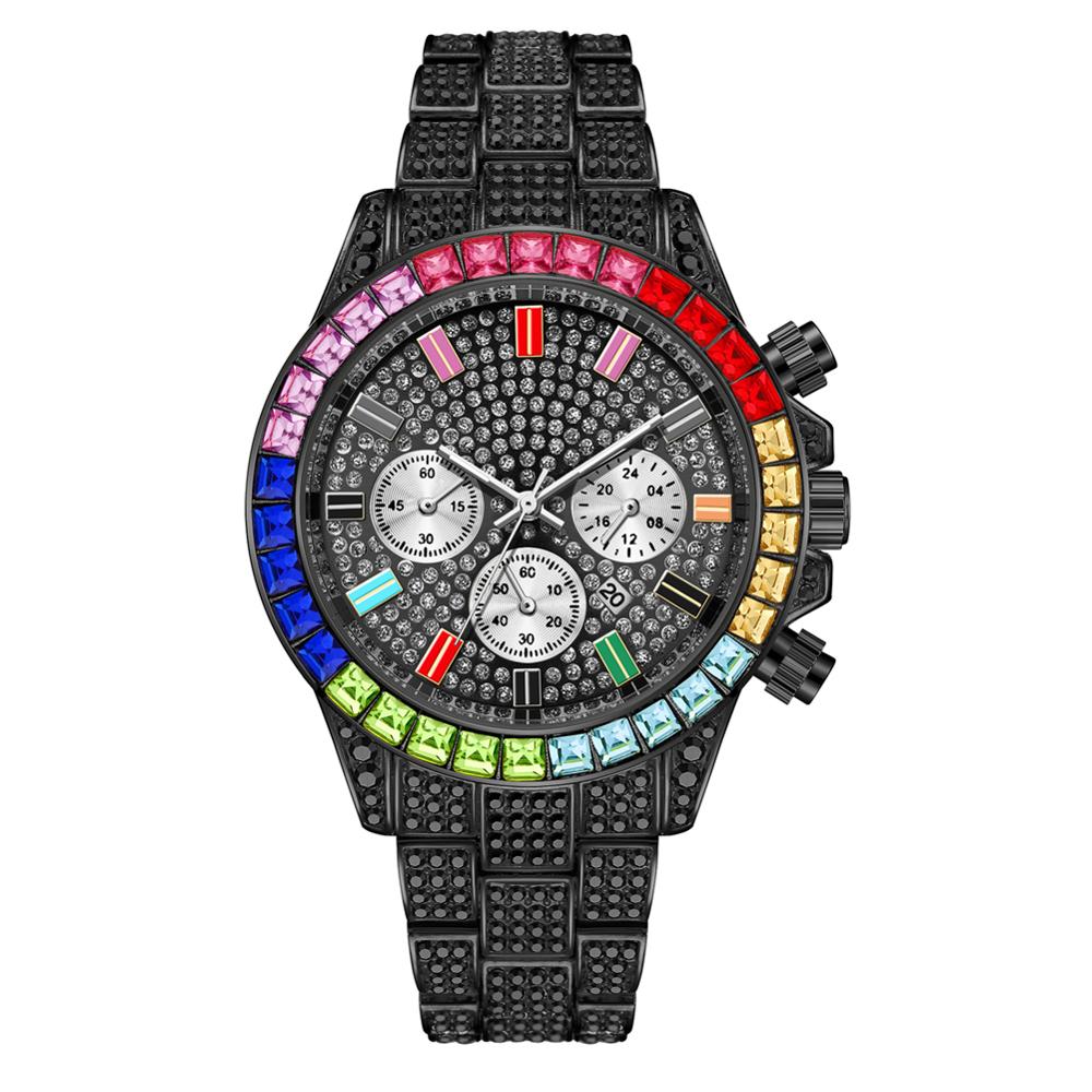 Rainbow Diamond  Iced Out Square Quartz Waterproof Men's Watch